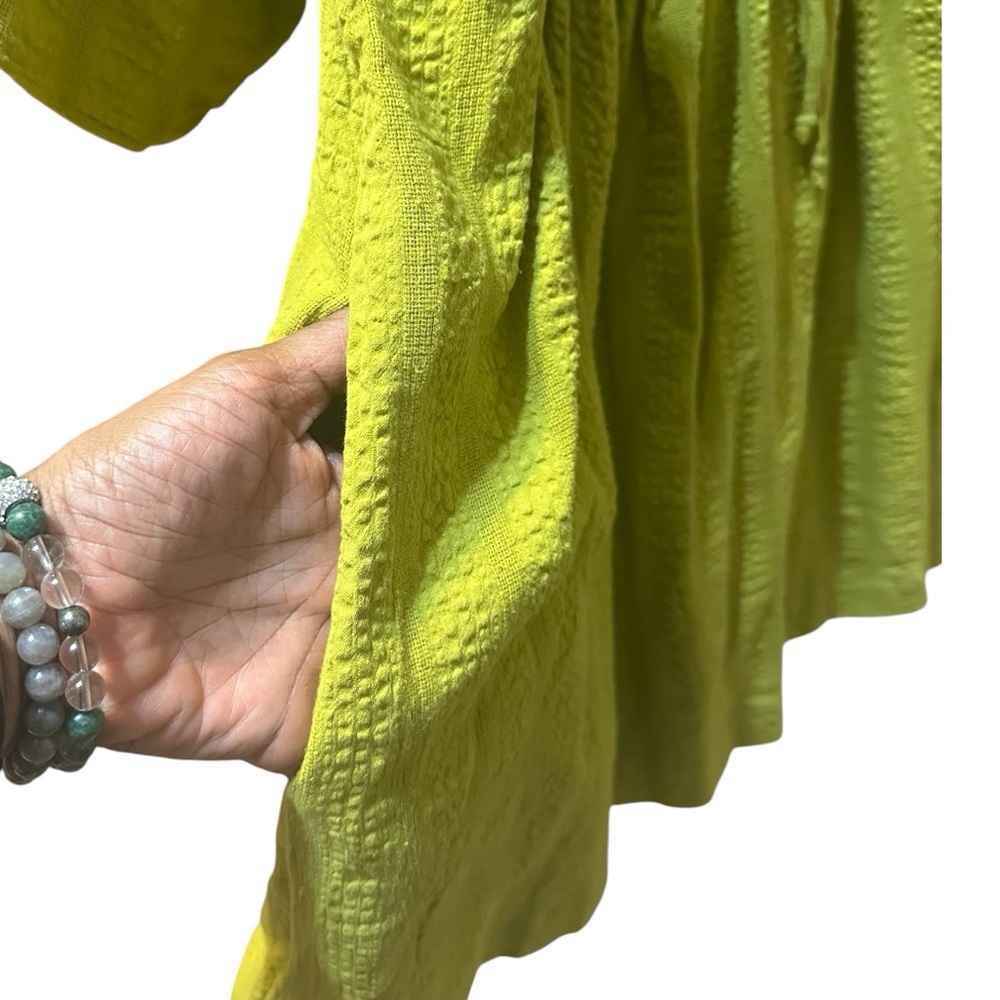 Free People Gigi Blouson Puff Sleeve Tunic Dress Medium Chartreuse Boho Pockets - Picture 6 of 12